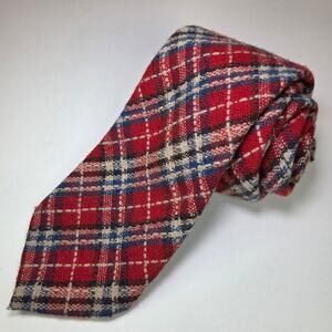 Vintage Kings Lynn Wool Plaid Tie Red Navy Cream Tartan 4” Wide 70s Preppy Style